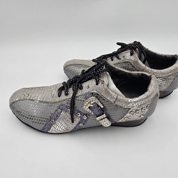 Bolaro Silver Lace-Up Shoes With Rhinestone Buckle Embellishments Sequin Design - Picture 2 of 4